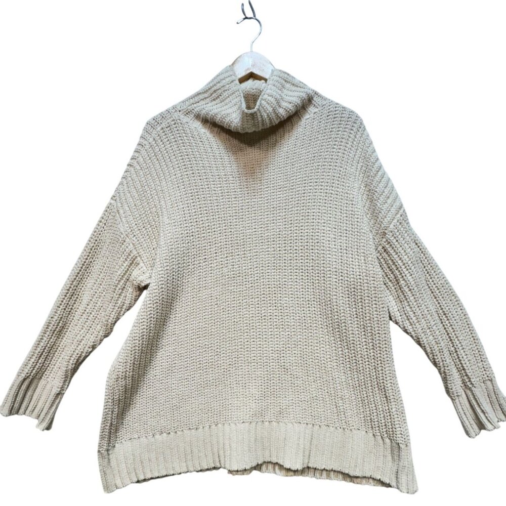 Aerie Womens Turtleneck Sweater Small Beige Oversized Knit Pullover Cozy Casual